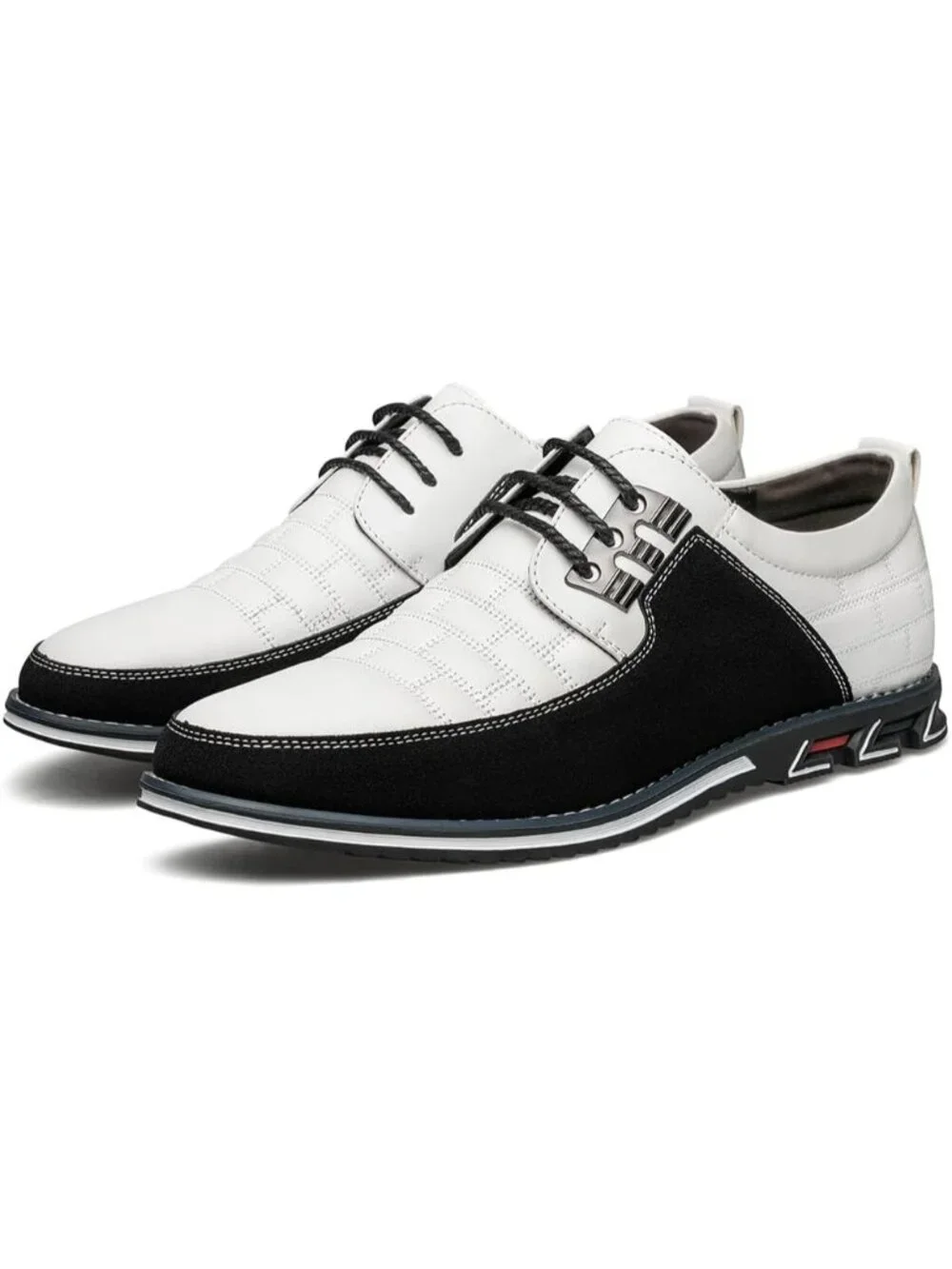 Men's White Plaid Embossed Grid Leather Comfortable Hybrid Oxford Dress Sneakers